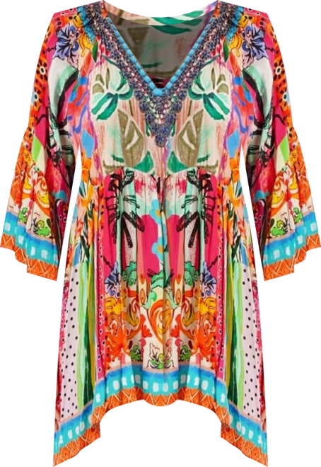 Women's Multicolor Mini Dress with Side Asymmetrical Hem and Beaded Neckline