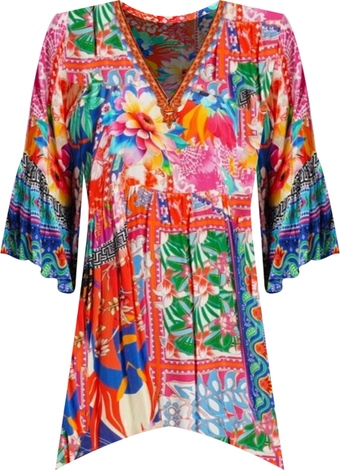 Women's Multicolor Mini Dress with Side Asymmetrical Hem and Beaded Neckline