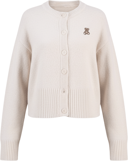Juniors' Teddy Bear-Embroidered Crewneck Cardigan
