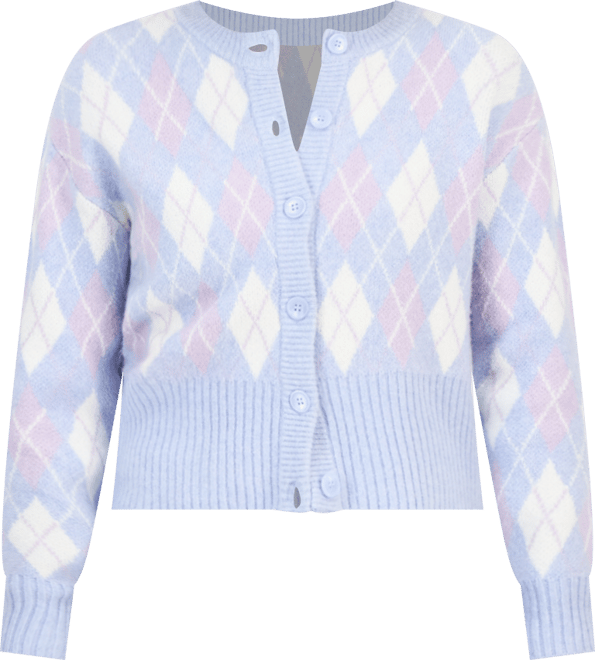 Juniors' Argyle Crewneck High-Rib Cardigan