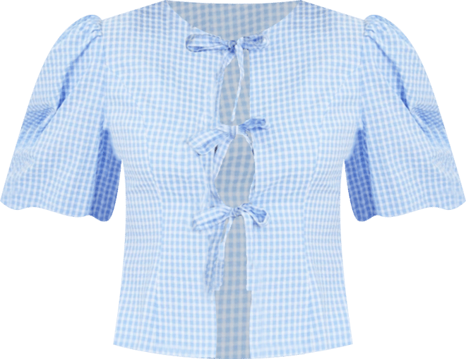 Women's Qusayla Baby Blue Gingham Bubble Sleeve Bowtie Top