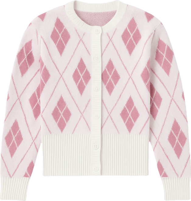 Juniors' Argyle Crewneck High-Rib Cardigan
