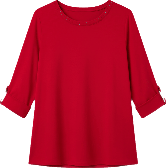 Ak Anne Klein Petite Embellished-Neck Roll-Tab-Sleeve Top