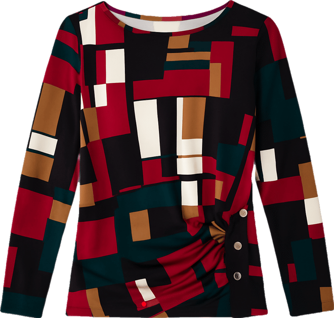 Ak Anne Klein Petite Printed Ruched-Front Long-Sleeve Top