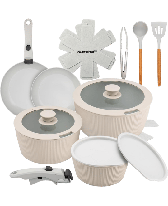 Ceramic Nonstick 18-Piece Cookware Set with Detachable Handles