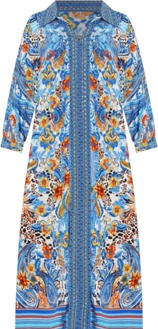 Women's Midi Summer Dress with Collared Neck, Short Sleeves, and Side Slits