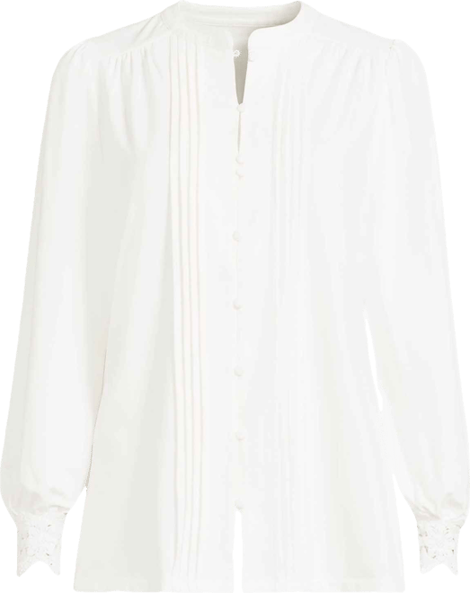 Women's Petite Lightweight Jersey Long Sleeve Button Front Pintuck Top