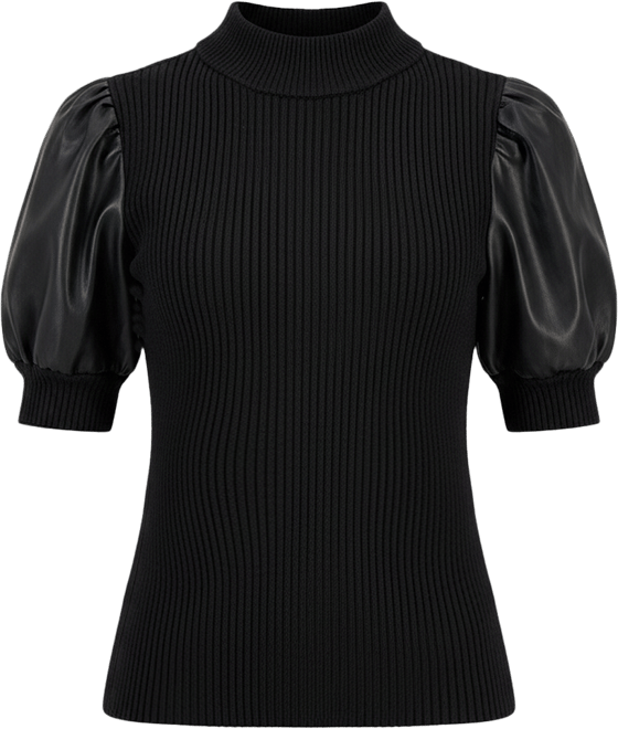 Women's Ribbed Faux-Leather-Sleeve Top