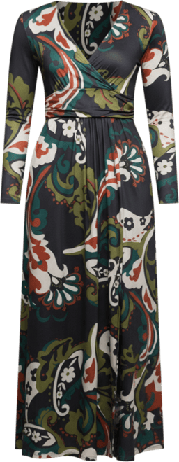 Women's Green Paisley Print Long Sleeve Wrap Maxi Dress