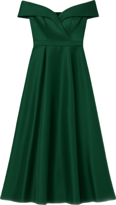 Petite Long Satin Off-The-Shoulder A-Line Gown