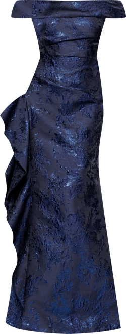 Petite Long Off-The-Shoulder Brocade Side Ruffle Gown