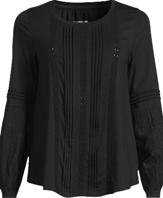 Women's Lightweight Jersey Lace Mix Long Sleeve Pintuck Top