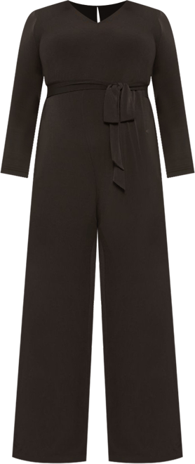 Long-Sleeve Tie-Waist Wide Leg Jersey Jumpsuit LaneBryant