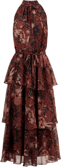 Women's Tie-Neck Blouson Tiered Maxi Dress