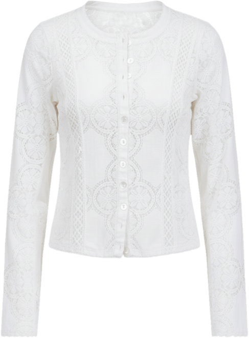 Women's Button-Front Long Sleeve Lace Top