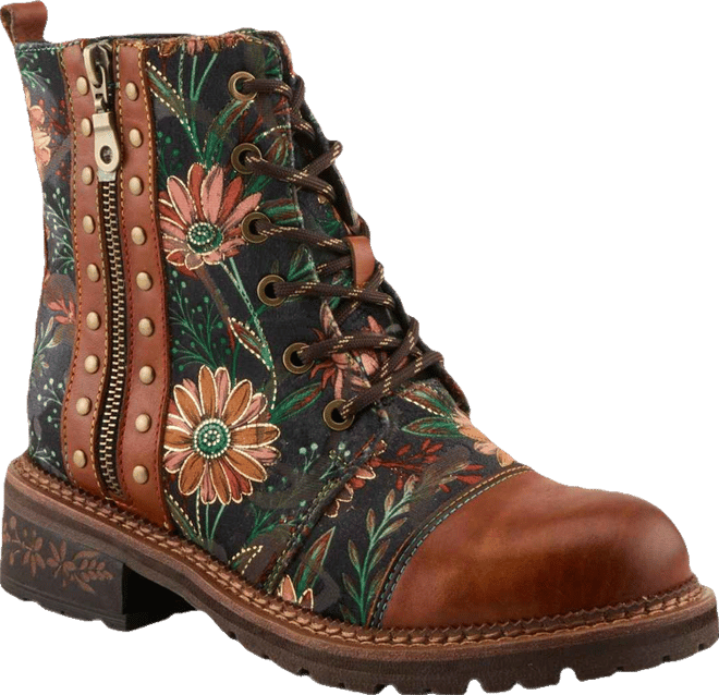 L Artiste Women s Cordea Embroidered Leather Boot with Lug Sole and Rainbow Stitching
