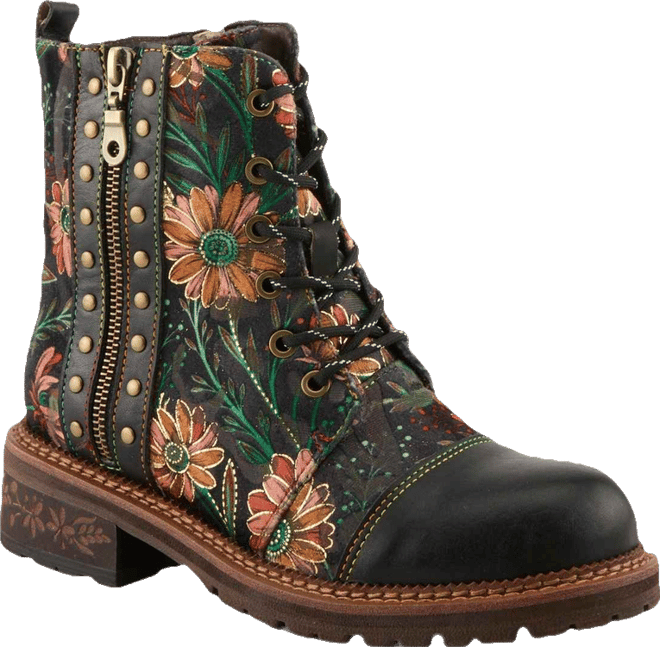 L Artiste Women s Cordea Embroidered Leather Boot with Lug Sole and Rainbow Stitching