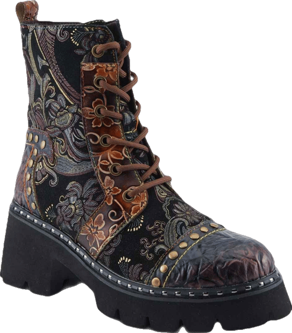 L Artiste Women s Severity Hand-Painted Lace-Up Combat Boot with Studs, Suede Shaft, and Lug Sole
