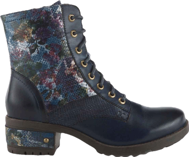 L Artiste Women s Marty-met Lace-Up Floral Metallic Boots with Faux Snakeskin Texture and Embossed Heel