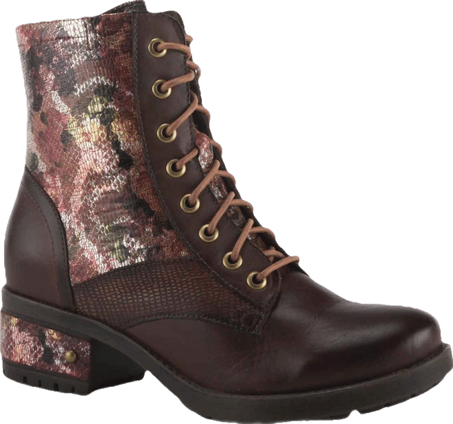 L Artiste Women s Marty-met Lace-Up Floral Metallic Boots with Faux Snakeskin Texture and Embossed Heel