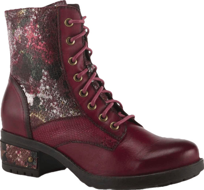 L Artiste Women s Marty-met Lace-Up Floral Metallic Boots with Faux Snakeskin Texture and Embossed Heel