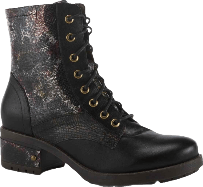 L Artiste Women s Marty-met Lace-Up Floral Metallic Boots with Faux Snakeskin Texture and Embossed Heel