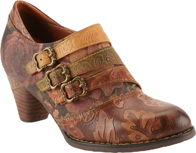 L Artiste Women s Graphic Handpainted Floral Leather Shooties with Antique Buckle and Stacked Heel