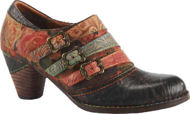L Artiste Women s Graphic Handpainted Floral Leather Shooties with Antique Buckle and Stacked Heel
