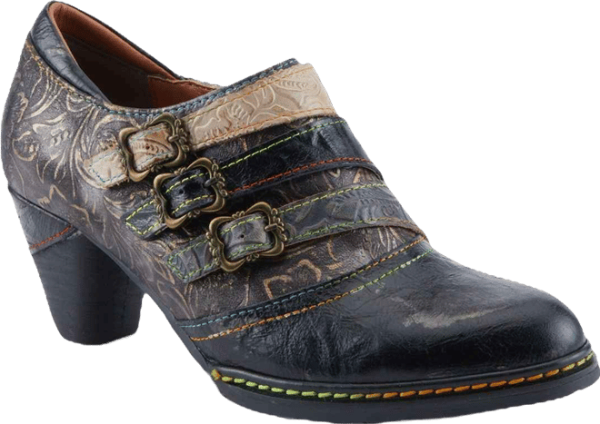 L Artiste Women s Graphic Handpainted Floral Leather Shooties with Antique Buckle and Stacked Heel