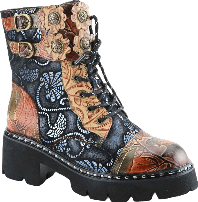 L Artiste Women s Limitless Leather Combat Boot with Floral Cutouts, Stud Accents & Rainbow Stitching