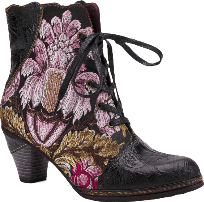 Women's Siren Embroidered Floral Lace-Up Booties with Embossed Leather, Scalloped Trim & Cone Heel