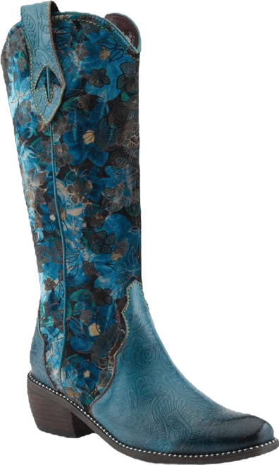 L Artiste Women s Rodeoqueen-viv Western Tall Boots with Embossed Leather, Floral Velvet Shaft, and Stacked Heel