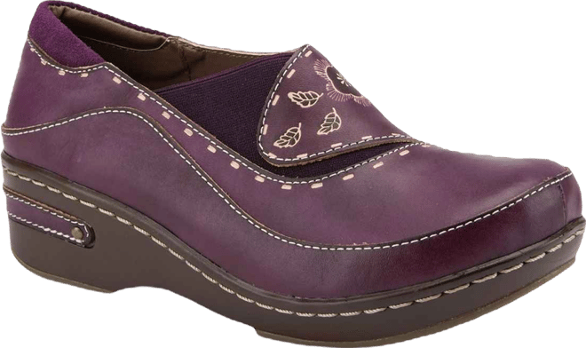 L Artiste Women s Burbank Hand-Painted Leather Clogs with Floral Embossing and Elastic Insets