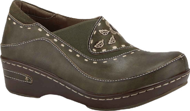 L Artiste Women s Burbank Hand-Painted Leather Clogs with Floral Embossing and Elastic Insets