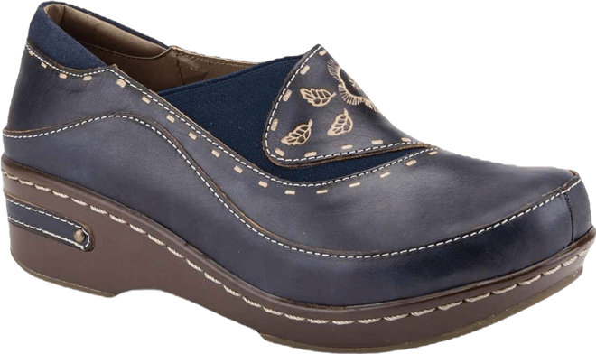 L Artiste Women s Burbank Hand-Painted Leather Clogs with Floral Embossing and Elastic Insets
