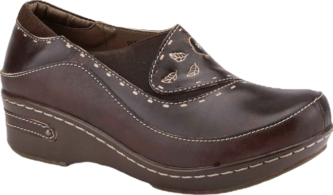 L Artiste Women s Burbank Hand-Painted Leather Clogs with Floral Embossing and Elastic Insets