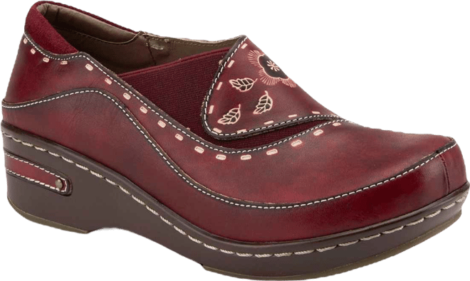 L Artiste Women s Burbank Hand-Painted Leather Clogs with Floral Embossing and Elastic Insets