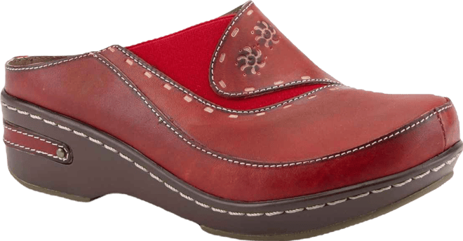 L Artiste Women s Chino Hand-Painted Open-Back Leather Clog with Embossed Details and Elastic Inset
