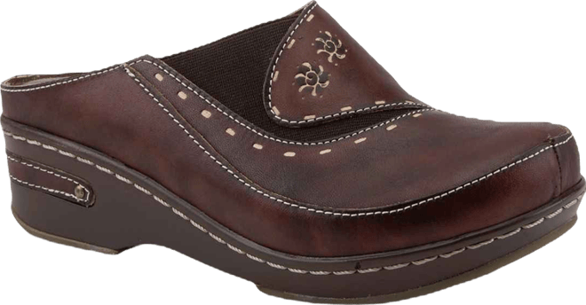 L Artiste Women s Chino Hand-Painted Open-Back Leather Clog with Embossed Details and Elastic Inset