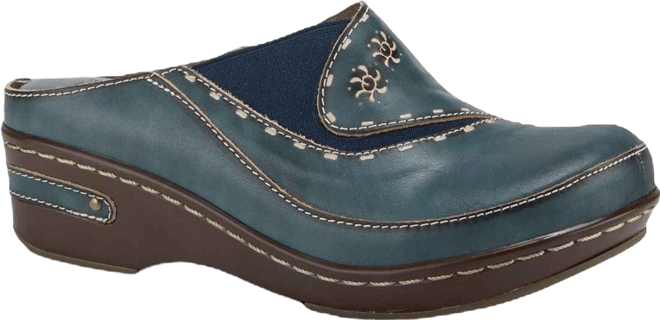 L Artiste Women s Chino Hand-Painted Open-Back Leather Clog with Embossed Details and Elastic Inset