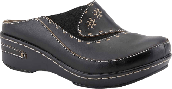 L Artiste Women s Chino Hand-Painted Open-Back Leather Clog with Embossed Details and Elastic Inset