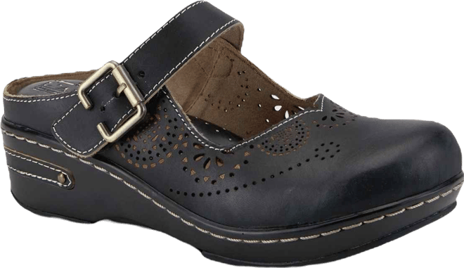 L Artiste Women s Aneria Hand-Painted Leather Clogs with Floral Laser Cutouts, Adjustable Buckle & Contrast Stitching