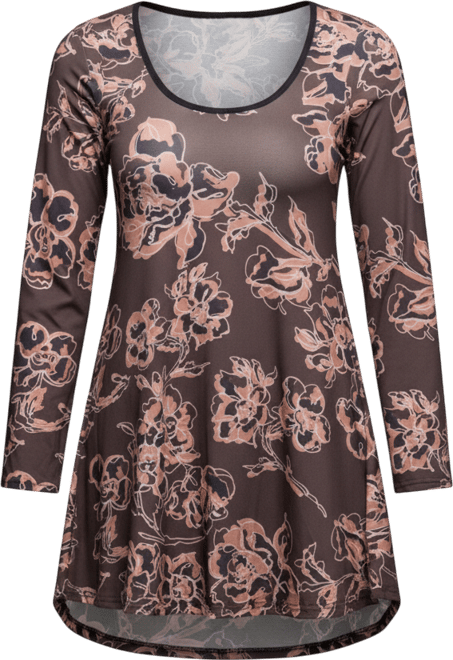 Women's Brown Floral Print Long Sleeve Tunic Top