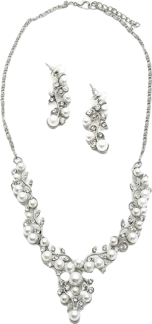 Women's White Pearl Cluster Necklace And Earrings (7-8 mm) (Set Of 2)