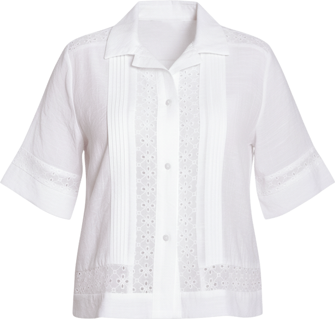 Women's Point Collar Short Sleeve Eyelet-Inset Top