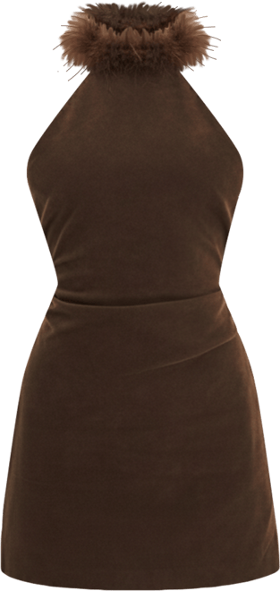 Women's Yael Espresso Suede Faux Fur Halter Mini Dress