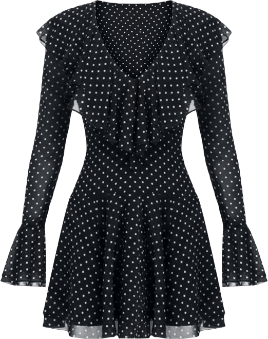 Women Omari Black Chiffon Polka Dot Ruffled Neckline Mini Dress