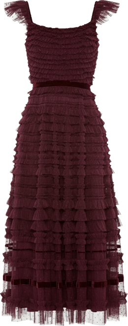 Women's Ruffle Cap Sleeve Embellished Tiered Midi Dress