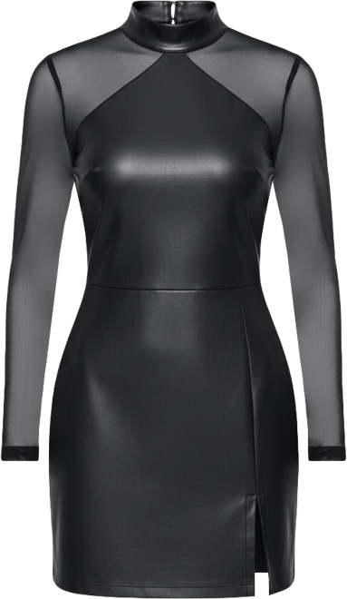 Womens Faux Leather and Mesh Mock Neck Mini Dress