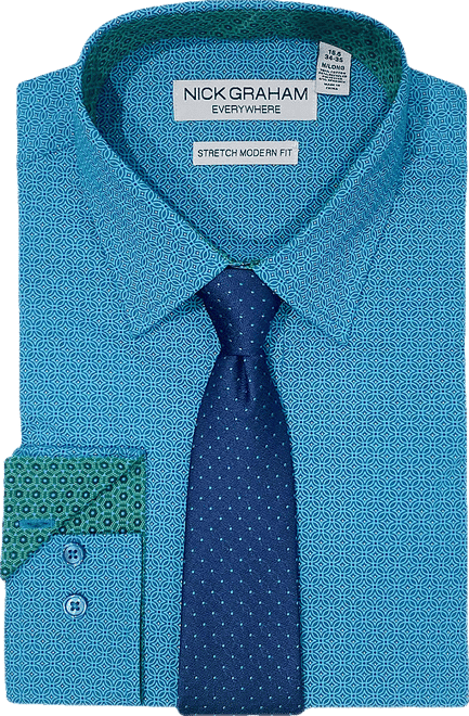 Nick Graham Men's Point Collar Long Sleeve Shirt + Tie Set | Blue | Regular 17.5 | Shirts + Tops Shirt + Tie Sets | Easy Care|Stretch